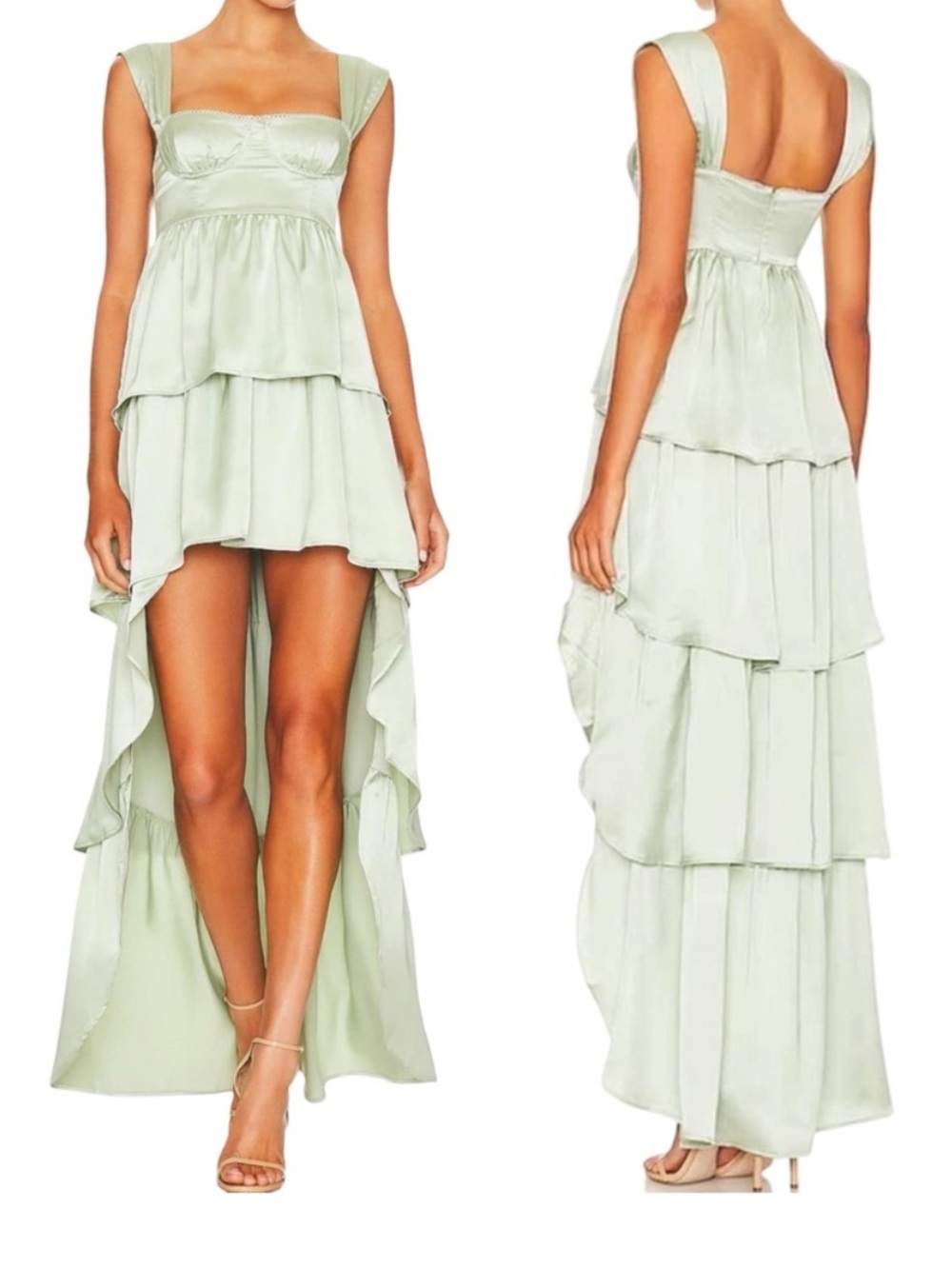 WeWoreWhat | Corset High Low Maxi Dress in Fog Green Satin Charmeuse - Size 6